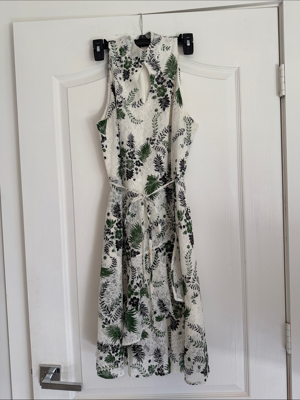 New York & Company White Midi Dress with Green & Black Botanical Print